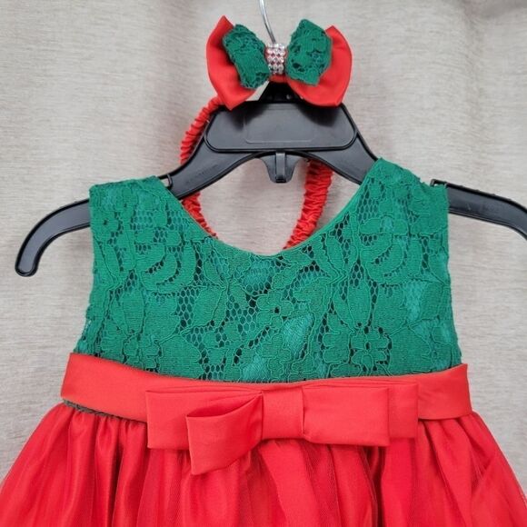Red and Green Formal Christmas Dress Matching Headband Lace Bow - Picture 4 of 12